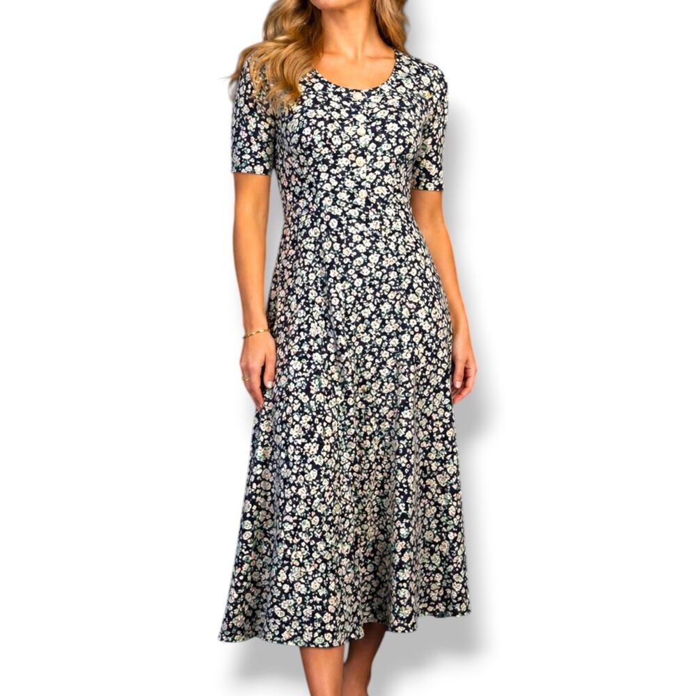 Vintage All That Jazz Navy Floral Midi Dress Short‎ Sleeve Button Front A Line